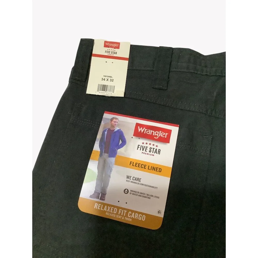 NWT Wrangler Five Star Relaxed Fit Cargo Pants Fleece Lined Black 34 x 32 - Picture 6 of 11